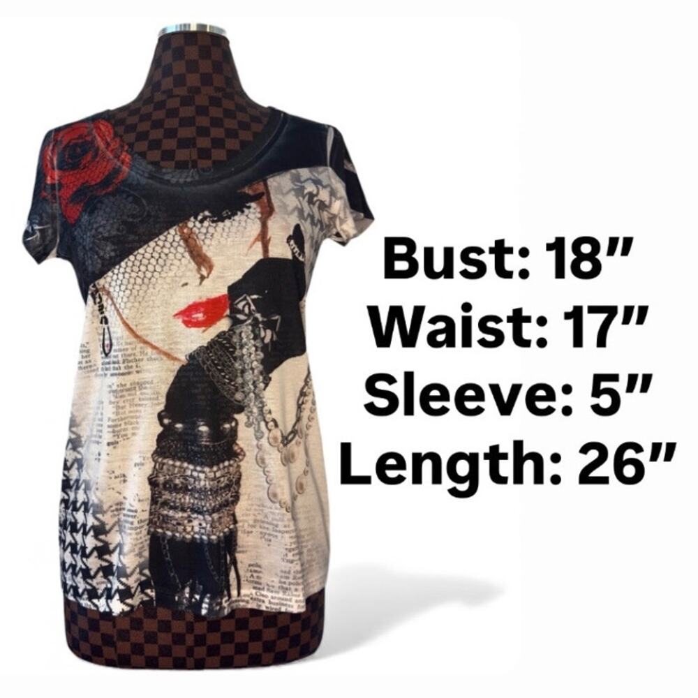 Vtg Y2K Cache AOP Graphic Tee Woman in Hat Size Medium Rhinestone Embellished - Picture 10 of 10